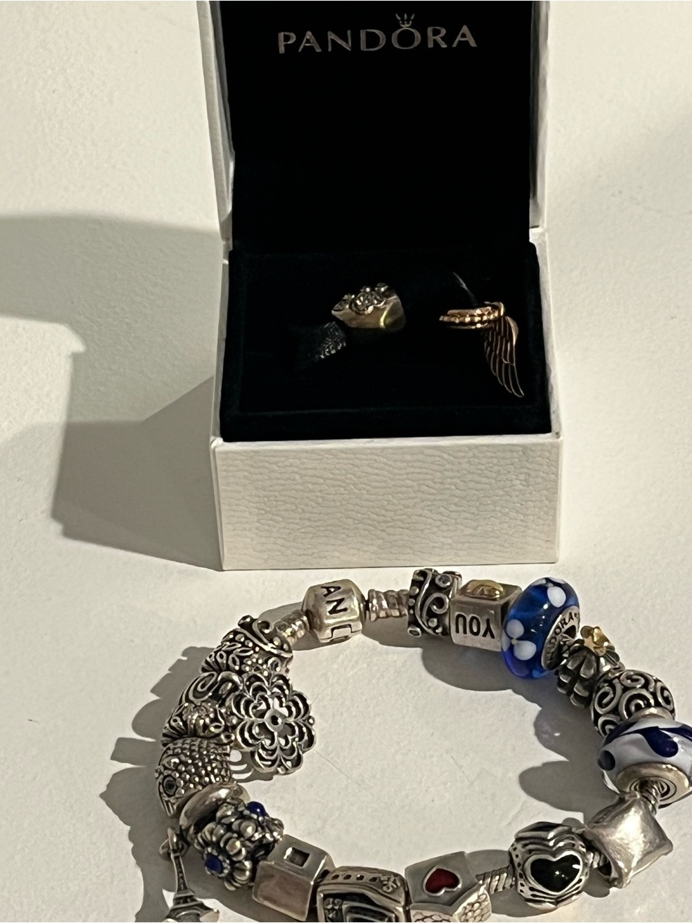 Pandora Silver Charm Bracelet with Blue Glass Accents